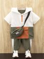SHEIN Young Boy Streetwear Style Color Block Short Sleeve T-Shirt & Pants With Bag, Regular Fit, Spring/Summer