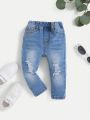 SHEIN Stretchy Distressed Casual Denim Pants For Baby Girls