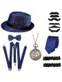 Men 1920s Accessories for Women Reverse Role Playing 1920s Mens Costume  Halloween 1920s Accessories for Men Roaring 20s with Pocket Watch/Fake Moustache/Fedora Hat for Men, Blue