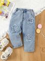 Baby Girls' Jeans With Star Pattern And Emoji Embroidery Design