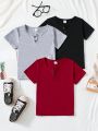 SHEIN Boys' 3pcs/Set Notched Neck T-Shirt With Button Decoration