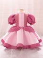Baby Girl Colorblock Puff Sleeve Rhinestone Detail Gown Dress