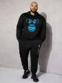 SHEIN Extended Sizes Men's Plus Size Hooded Sweatsuit With Ape & Letter Print, Including Sweatshirt And Pants