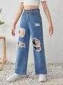 SHEIN Tween Girls' Spring Summer Boho Blue Washed Distressed Ripped Denim Wide Leg Jeans Pants,Girls Summer Bottom Clothes Outfits