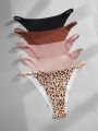 5pcs/Pack Women'S Pure Color & Leopard Print Triangle Underwear