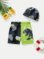SHEIN Toddler Boys' Tight & Casual Dino Pattern Swim Trunks, Swim Cap And Swimwear Set