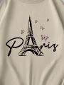 Eiffel Tower & Butterfly Print Thermal Lined Sweatshirt