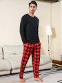 Men's Round Neck Long Sleeve Top & Plaid Pants Pajama Set
