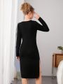 Teen Girls' Long Sleeve Black Side Slit Dress