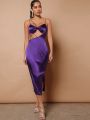 ATTENTION Strappy Cut Out Asymmetric Satin Dress