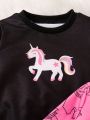 SHEIN Kids EVRYDAY Toddler Girls' Unicorn Printed Round Neck Sweatshirt 2pcs/pack