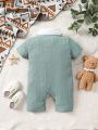 Baby Boys' Short Sleeve 2 In 1 Romper With Bear Patch And Bow Decorated, Summer
