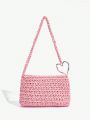 SHEIN ICON Metal Heart Decor Crochet Flap Shoulder Bag