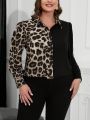 SHEIN Clasi Plus Size Leopard Print Patchwork Button Down Shirt
