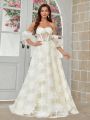 SHEIN Belle Off-Shoulder Floral Fabric 3d Flowers Tie Back Long Train Wedding Dress