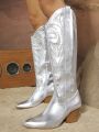 Women's Silver Pointed Toe Chunky Heel High Knee Boots
