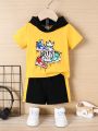 Baby Boys' Sneaker & Letter Print Colorblock Hooded Short Sleeve Top And Shorts Summer Outfit