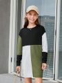 SHEIN Kids EVRYDAY Big Girls' Knitted Patchwork Round Neck Loose Casual Dress