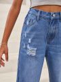 SHEIN Leisure Distressed Straight-Leg Jeans For Tween Girls