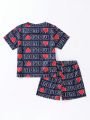SHEIN Kids EVRYDAY Two-Piece Boy's Love Letter Pattern T-Shirt And Shorts Set Summer
