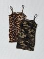 SHEIN Kids Cooltwn Toddler Girls' Leopard Camo Print Two Pieces Spaghetti Strap Dress Set