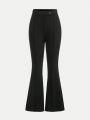 SHEIN Teen Girls' Knitted Solid Color Flared Pants With Decorative Button For Casual Wear
