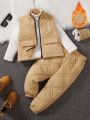 Young Boy 1pc Embroidery Flap Pocket Vest Quilted Coat & 1pc Pants