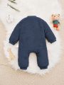 SHEIN Newborn Baby Boy Solid Button Front Teddy Jumpsuit