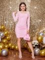 Teen Girl Square Neck Ruched Sequin Detail Dress