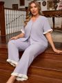 Plus Size Women's Pajama Set With Ruffle Hem Details