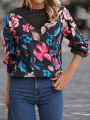 Floral Print Contrast Lace Sweatshirt