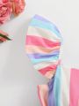 SHEIN Baby Girls' Stylish Colorblock Striped Cap Sleeve Summer Dress