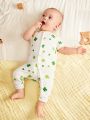 SHEIN Newborn Infant Boys' Four-Leaf Clover Pattern Round Neck Long Sleeves Jumpsuit With Front Snap