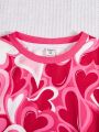 SHEIN Kids QTFun Girls' Knitted Heart Pattern Round Neck Casual Sweatshirt