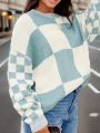 Loose Fit Oversized Sweater In Color Block Plaid For Plus Size Women