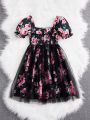 SHEIN Kids CHARMNG Tween Girls' Floral Print Square Neckline Dress With Puff Sleeves And Mesh Skirt