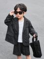 SHEIN Kids KDOMO 2pcs/set Toddler Boys' Casual Loose Striped Blazer Jacket And Shorts