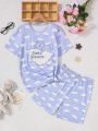 Teen Girls' Cute Cloud & Bear Printed Short Sleeve Top And Shorts Set, Homewear