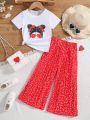 SHEIN Kids EVRYDAY Little Girls' Short Sleeve T-Shirt With Printed Heart & Wide Leg Pants With Heart Print Two-Piece Outfits