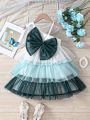 SHEIN Kids CHARMNG Young Girl's Colorblock Mesh Dress With Bow Decoration
