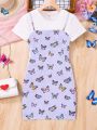 SHEIN Teen Girls' Knitted Velvet Butterfly Pattern 2 In 1 Dress With Patchwork