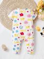 Baby Boys' Cute Flower & Cat Print Short Sleeve Jumpsuit For Daily Summer Wear