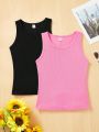 SHEIN Teen Girls' Knitted Solid Slim Fit Tank Tops, 2pcs/Set