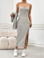 Casual And Simple Knitted Ribbed Bodycon Dress Set With Long-sleeve Crop Top