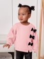 SHEIN Baby Girls' Cute Loose Fit Bow Tie Round Neck Thickened Fleece Sweatshirt
