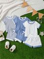 Leisure Convenient Color Blocking Off Shoulder Top & Elastic Waistband Shorts Set For Baby Boys, Both For Daily Wearing And Going Out