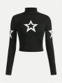 SHEIN Teen Girls' High Neck Star Pattern Long Sleeve T-shirt
