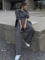 DAZY Kpop Ladies' Solid Color Pleated Shirt And Split Wide Leg Pants Set