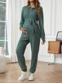 SHEIN Maternity Tie Collar Belted Jumpsuit