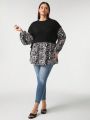 Pamile Plus Size Leopard Print Splicing Round Neck Casual Top For Women